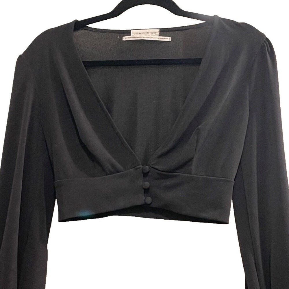 Urban‎ Outfitters Black Crop Top; Long Ruffled Sleeves; Plunge Neck; S